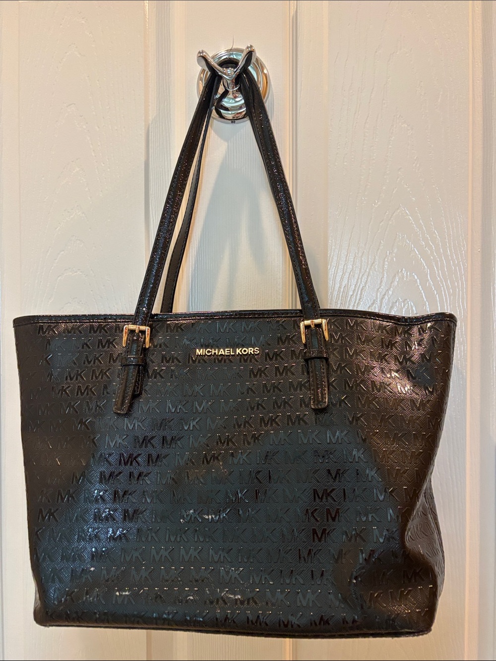 Michael Kors Black MK Logo Patent Tote with Gold Hardware